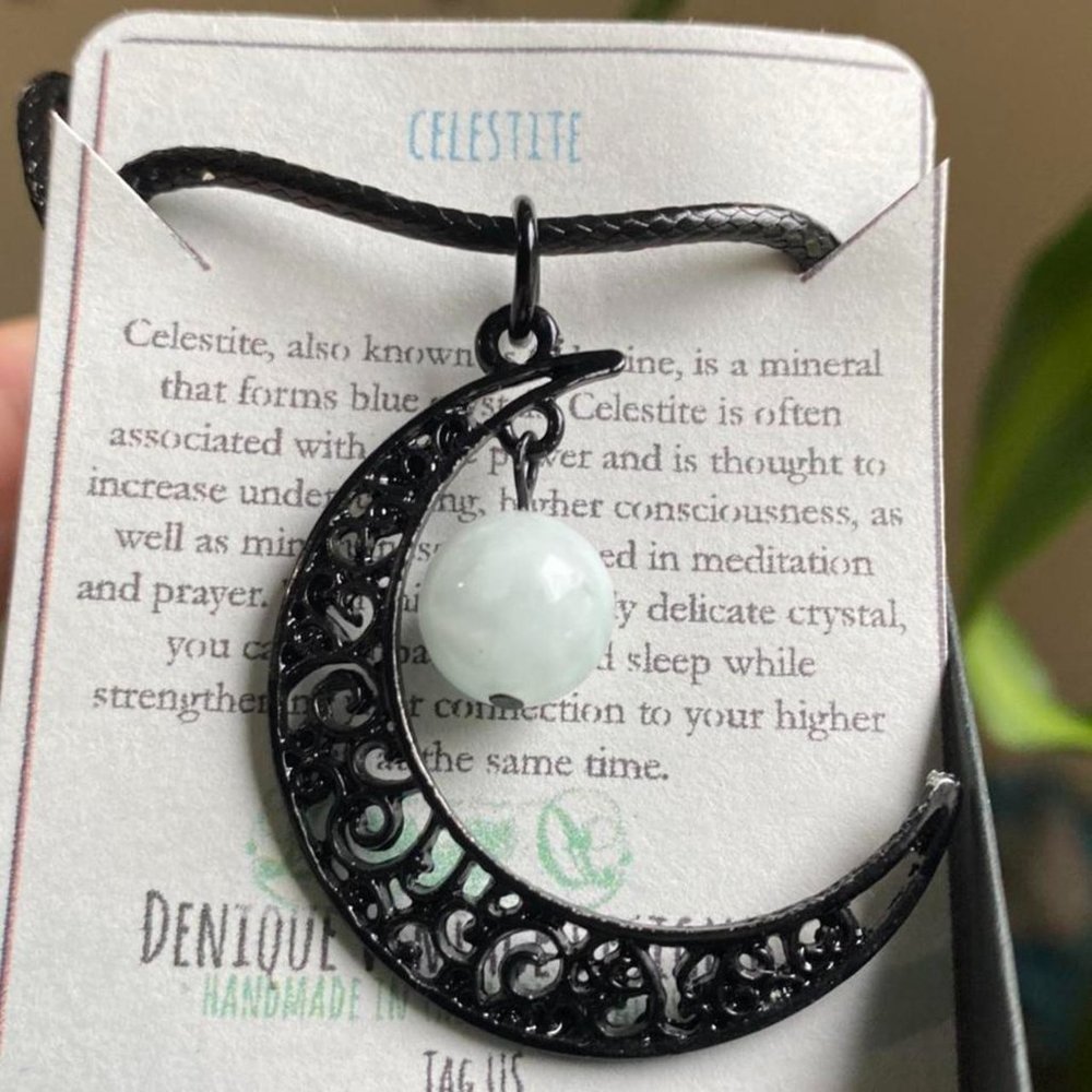 Seafoam Celestite in Black Enamel Celtic Crescent Moon  Pendant